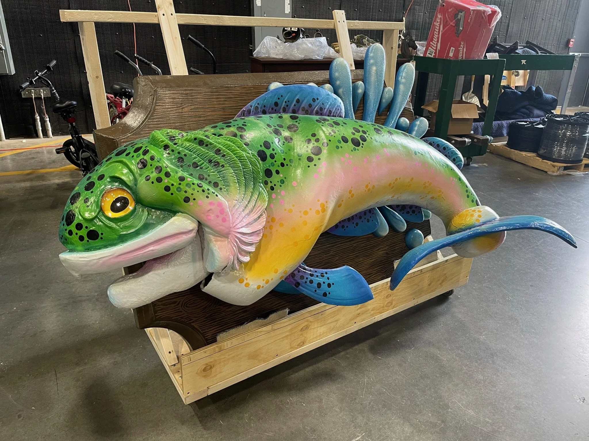 Large-scale Billy Bass fish puppet designed and built by Sam Carter for SweetWater Brewing Company festival and brand activations.