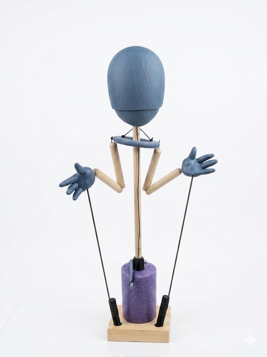 Boopos Blanks blank rod puppet kit with blue oval head, foam hands and wooden control rods