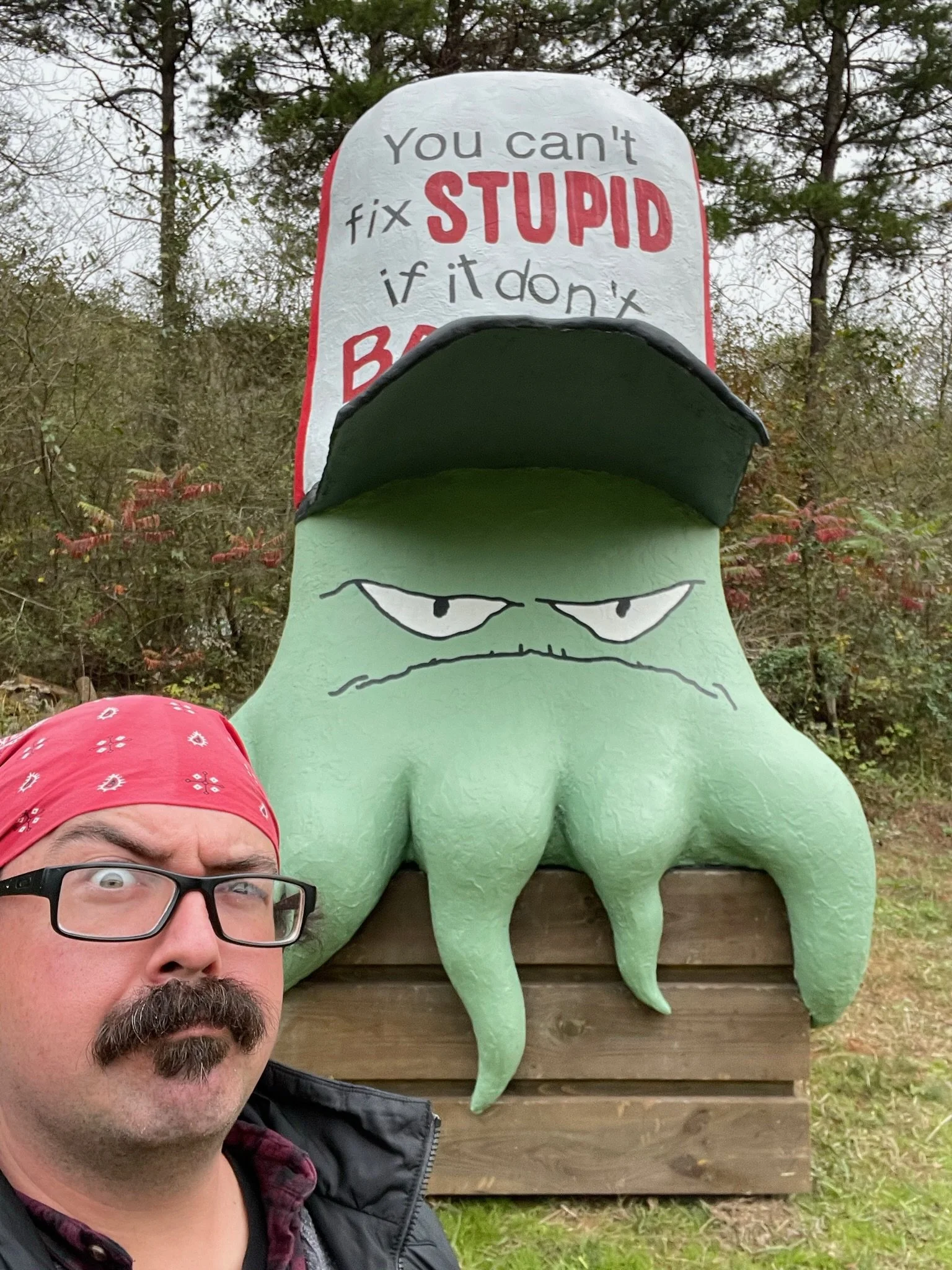 Sam carter with squidbillies statue for adult swim