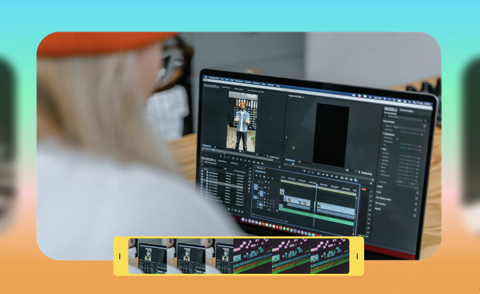 Person editing a video on a laptop