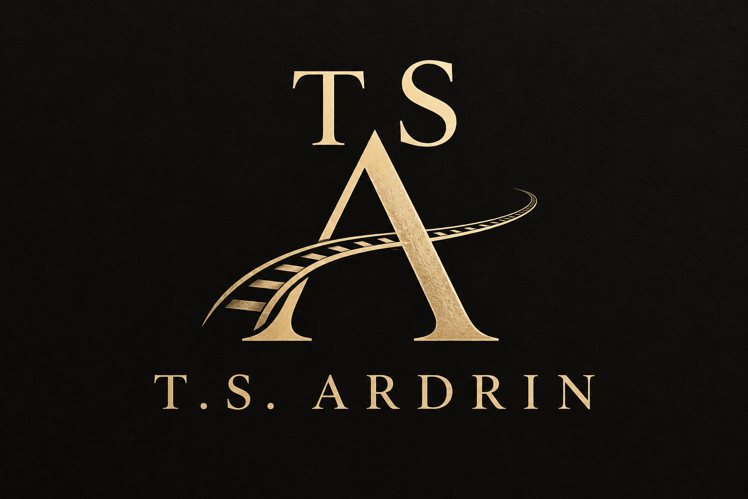 Black background with gold logo featuring large stylized 'A' with a curved railway track around it and smaller 'TS' above, with 'T.S. ARDRIN' written below.