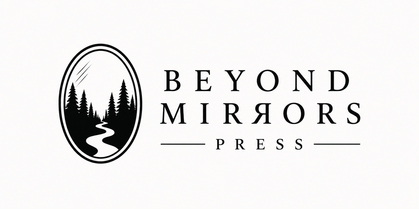 Logo for Beyond Mirrors Press featuring a black and white illustration of a landscape with trees and a river inside an oval mirror frame.