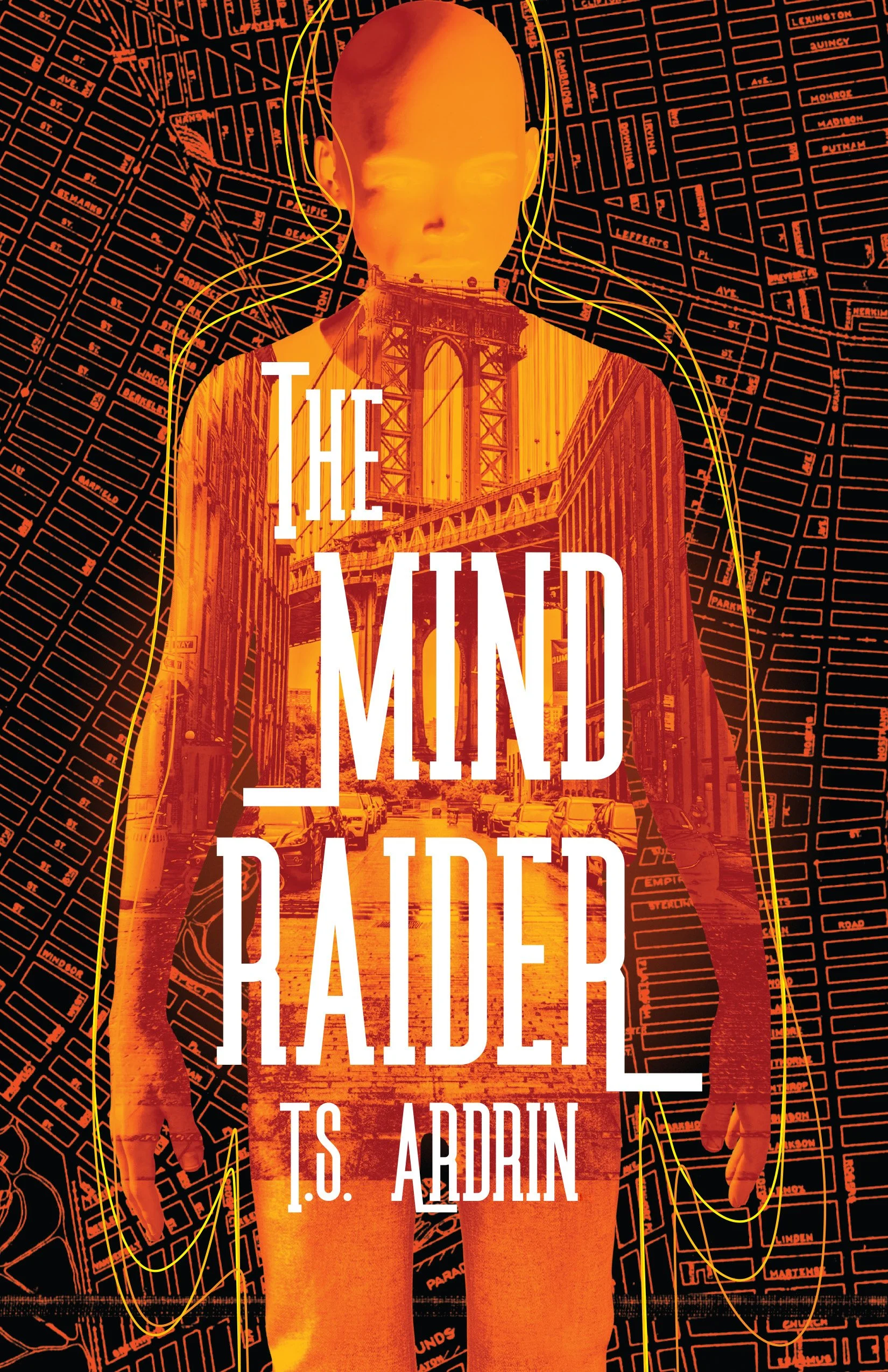 A stylized cover featuring a silhouette of a person with a map background and an overlay of the Brooklyn Bridge. The person's face is superimposed with a city street scene. The title reads "The Mind Raider to a Dream" by T.S. Ahrin.