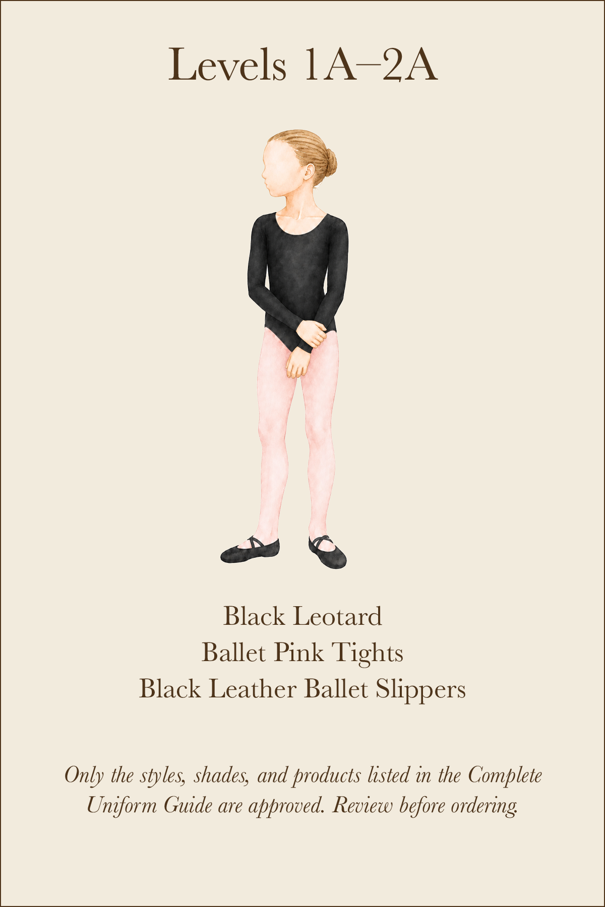 WPYB uniform card outlining the approved ballet attire for girls in Levels 1A through 2A