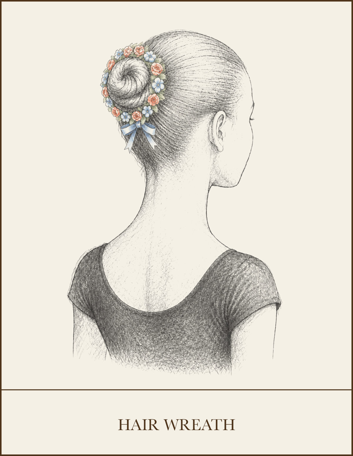 Pencil illustration of a classical ballet bun decorated with a small floral hair wreath, an approved WPYB hair accessory.