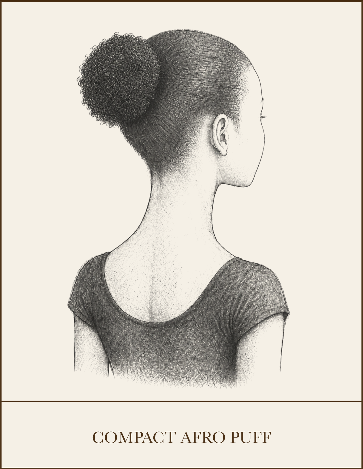 Pencil illustration of a compact Afro puff approved as a textured-hair option for WPYB ballet classes.