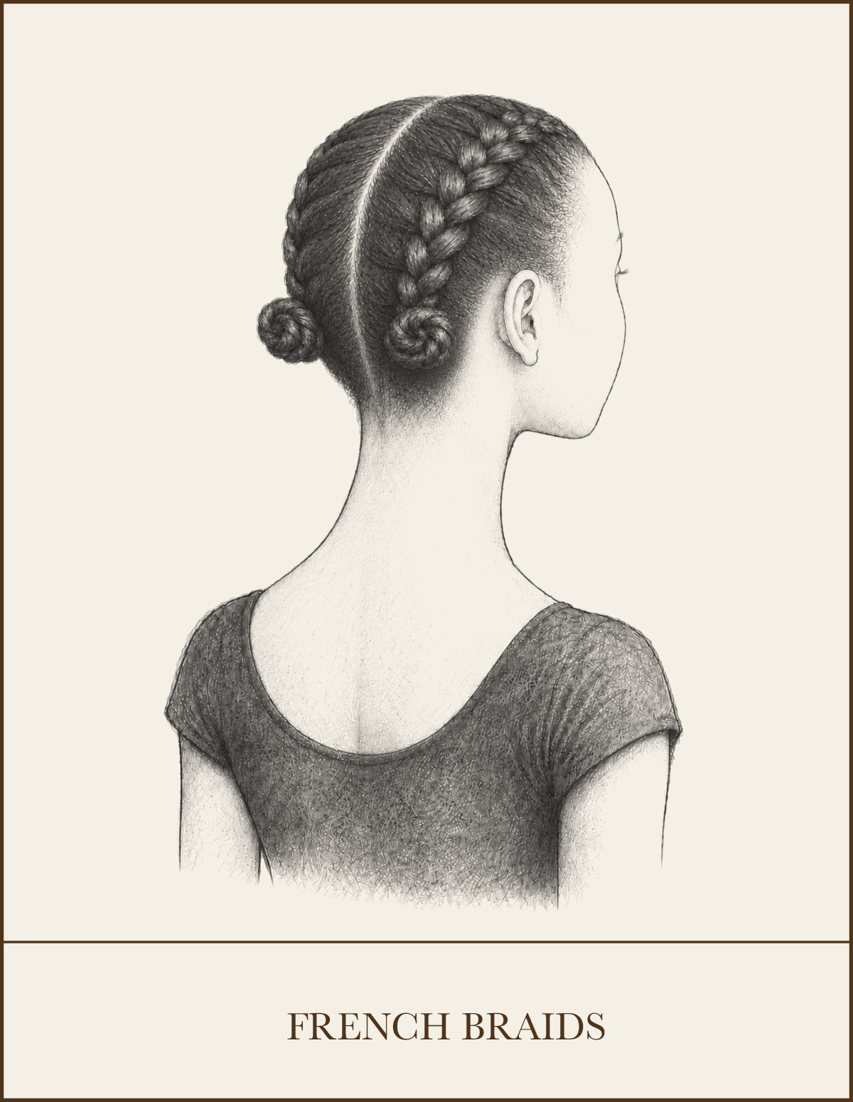 Pencil illustration of French braids secured close to the head and gathered at the back for a WPYB ballet class.