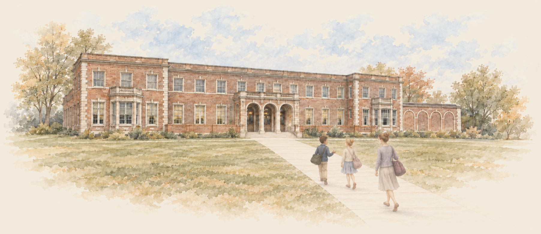 Watercolor illustration of ballet students walking toward WPYB’s entrance at Aluminum City Arts in New Kensington, Pennsylvania.