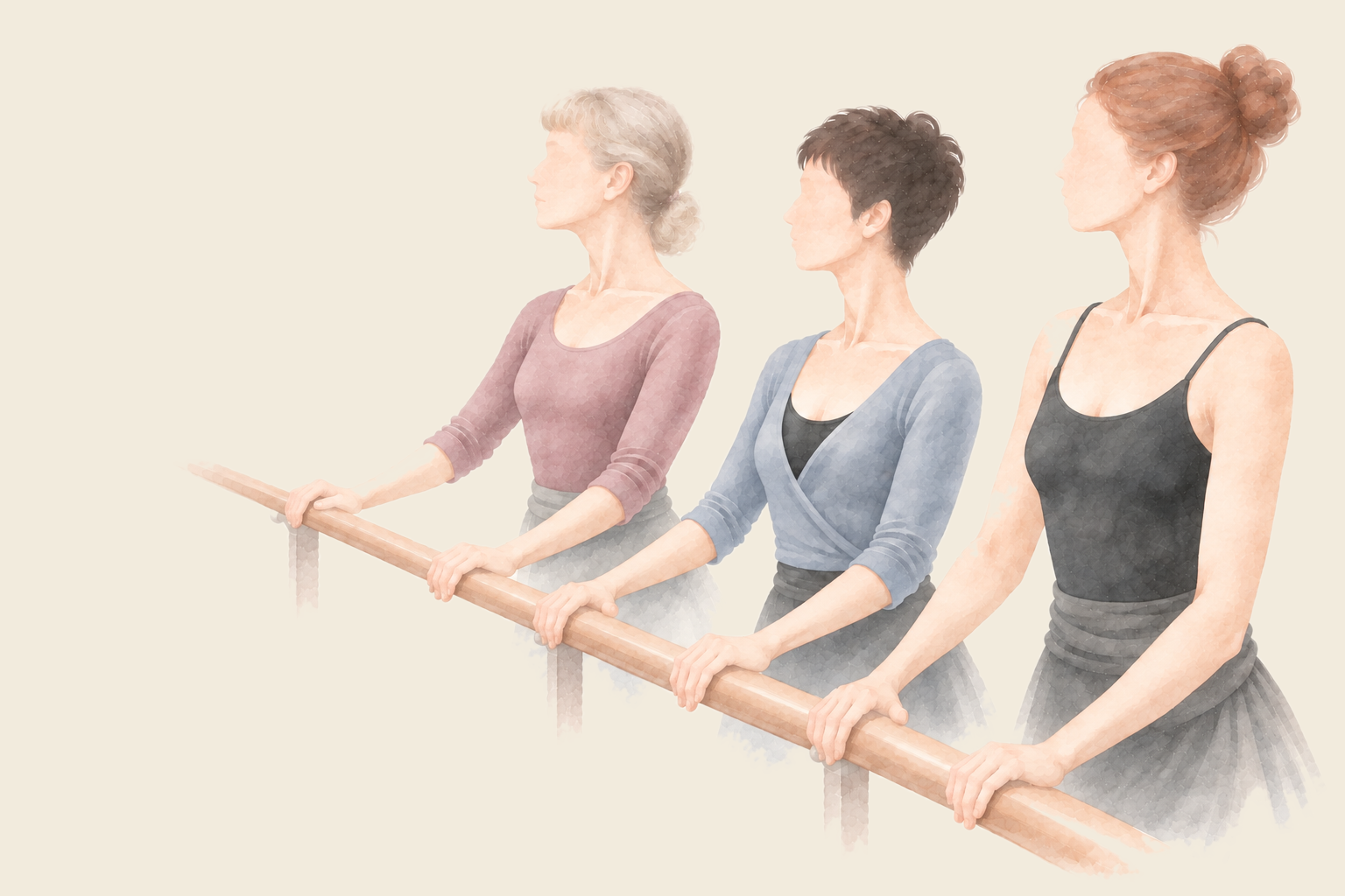 Watercolor illustration of three adult ballet dancers facing a wooden barre during a WPYB Adult Ballet class.
