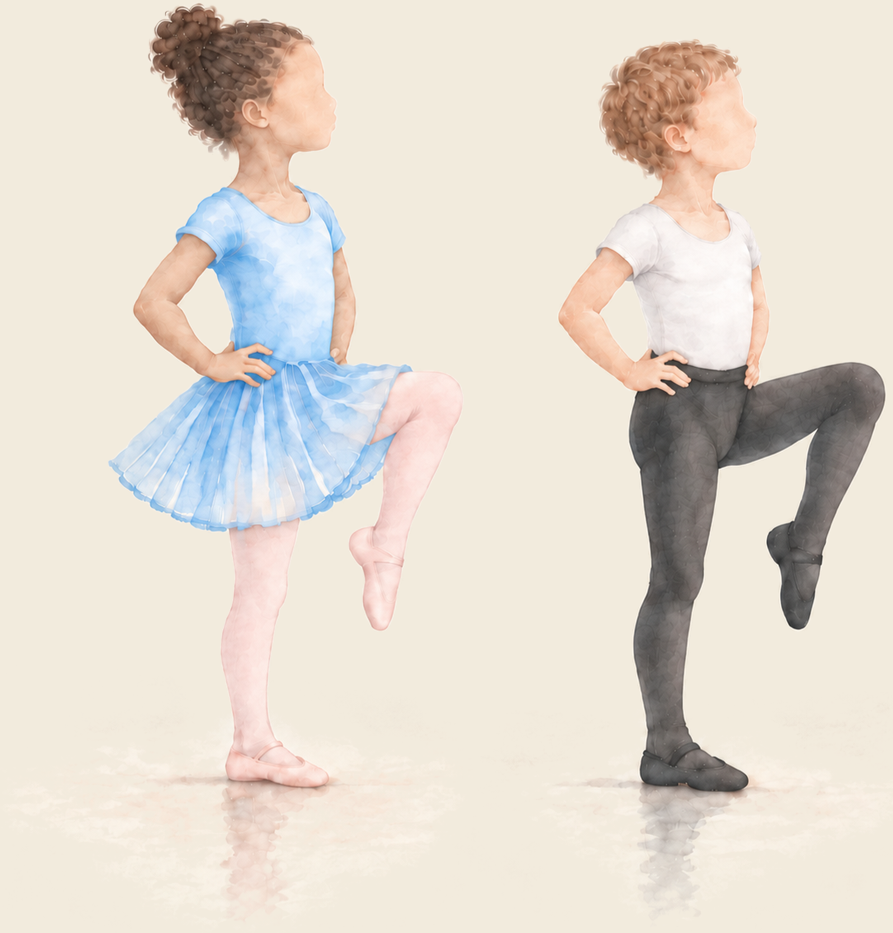 Watercolor illustration of two young children marching during an imaginative WPYB Primary Division ballet class.