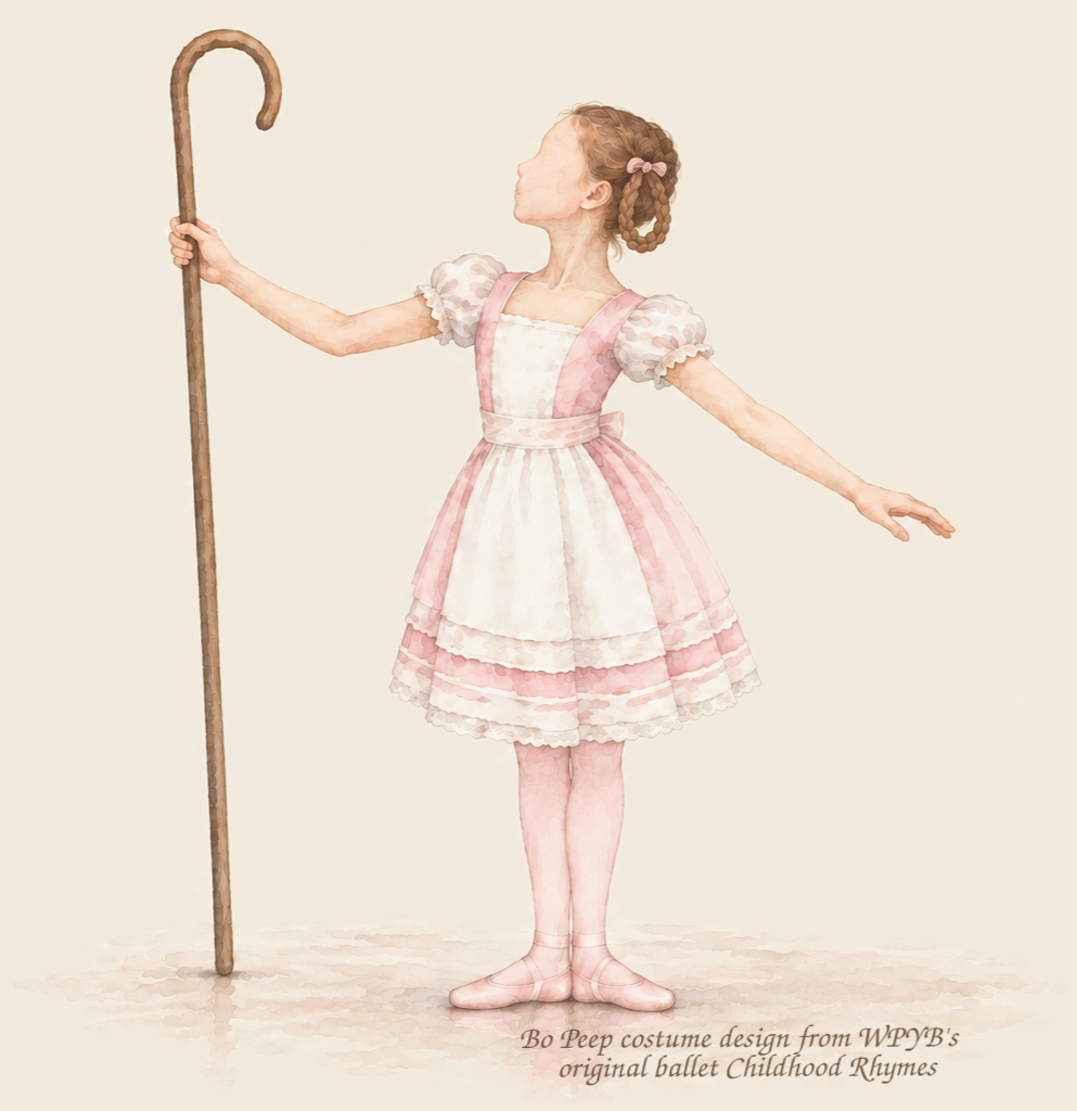 Watercolor costume design of Bo Peep holding a shepherd’s crook from WPYB’s original ballet, Childhood Rhymes.