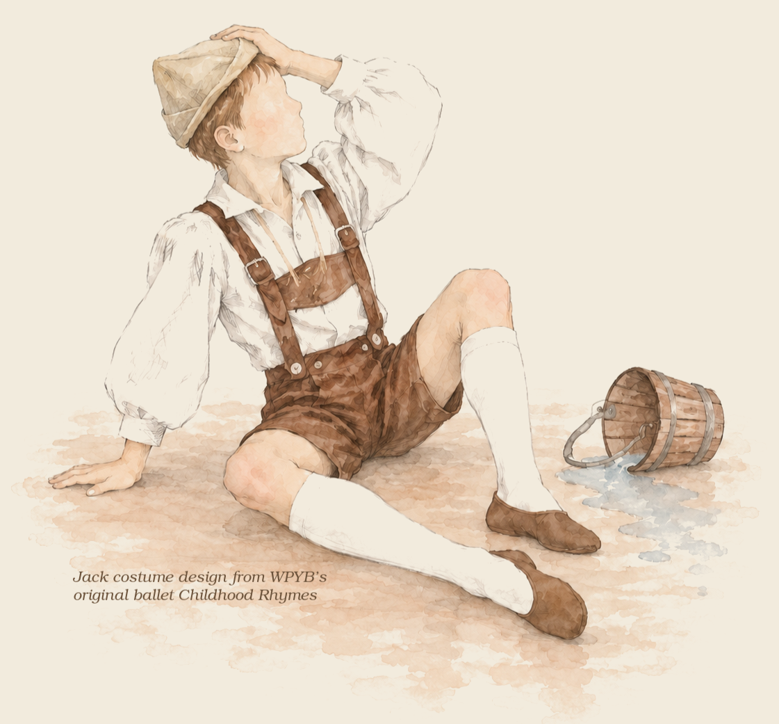 Costume design of Jack from WPYB’s original ballet Childhood Rhymes, wearing lederhosen and sitting beside a tipped pail of spilled water.