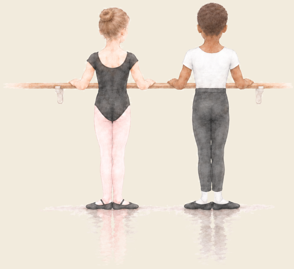 Watercolor illustration of two students standing in first position and facing the barre during a WPYB Level Division ballet class.