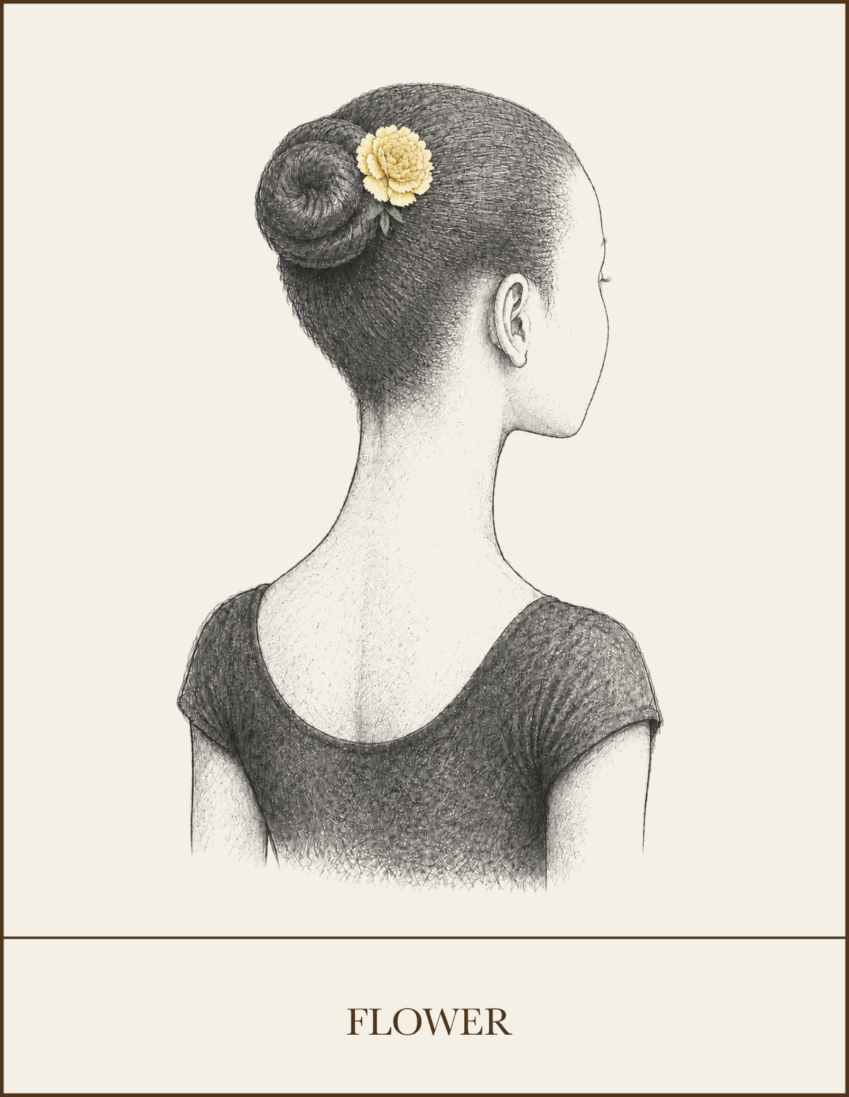 Pencil illustration of a classical ballet bun decorated with a single flower, an approved WPYB hair accessory.