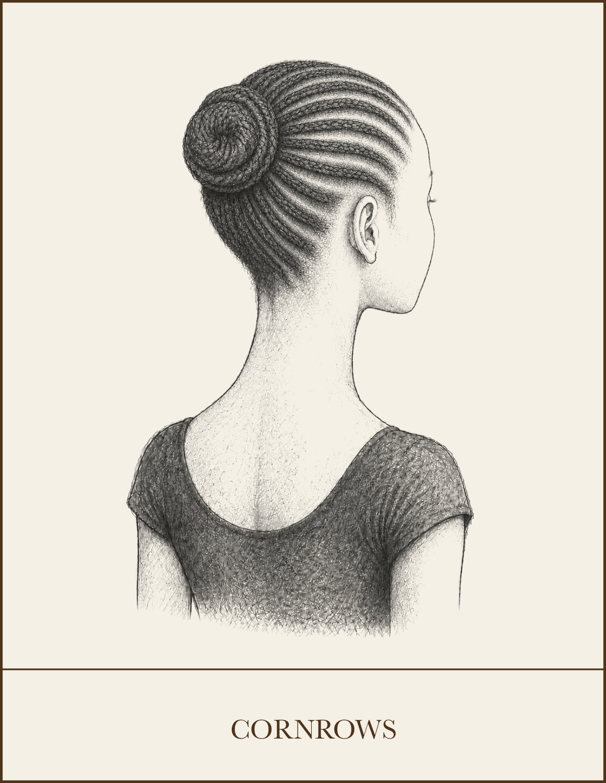 Pencil illustration of cornrows gathered into a compact bun as an approved textured-hair option for WPYB ballet classes.