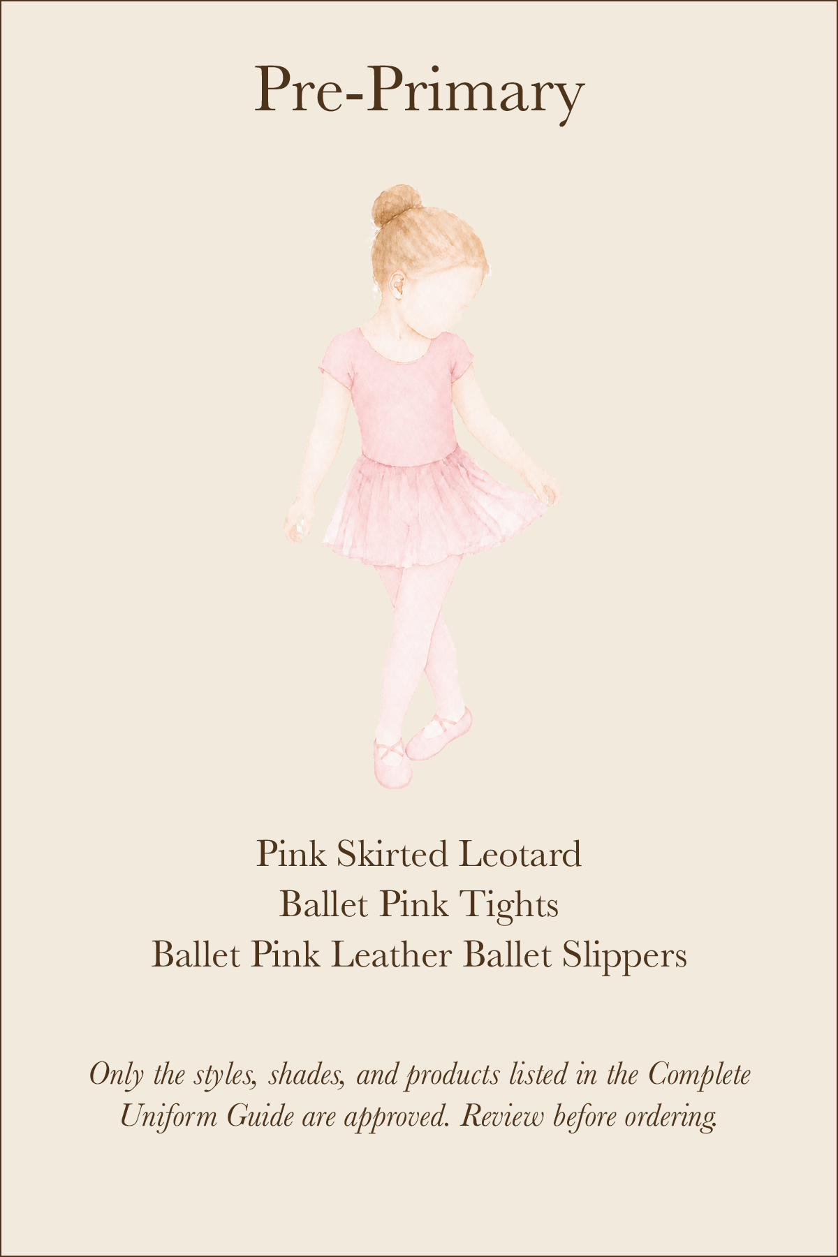 WPYB uniform card outlining the approved ballet attire for girls in Pre-Primary.
