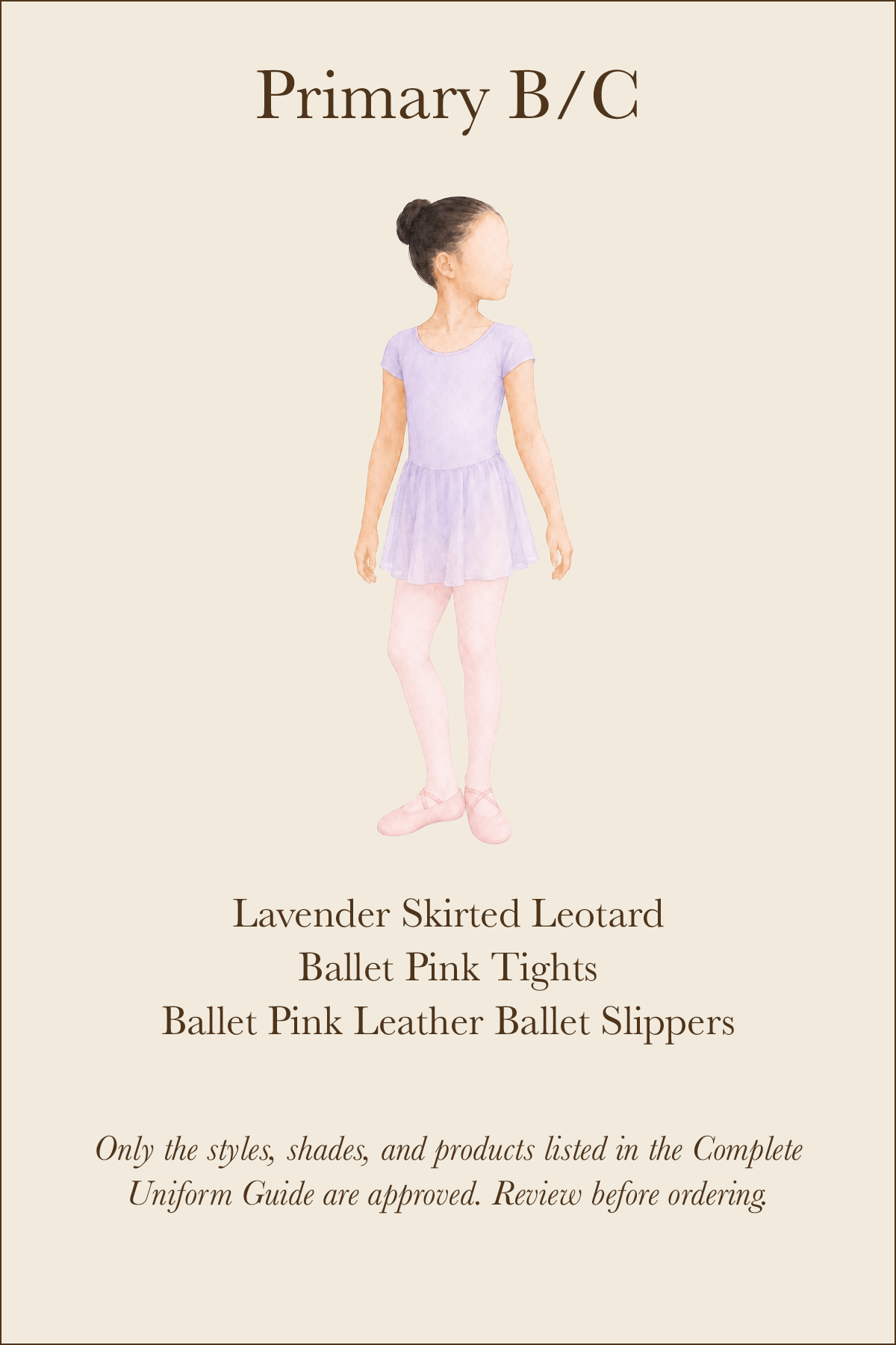 WPYB uniform card outlining the approved ballet attire for girls in Primary B/C.