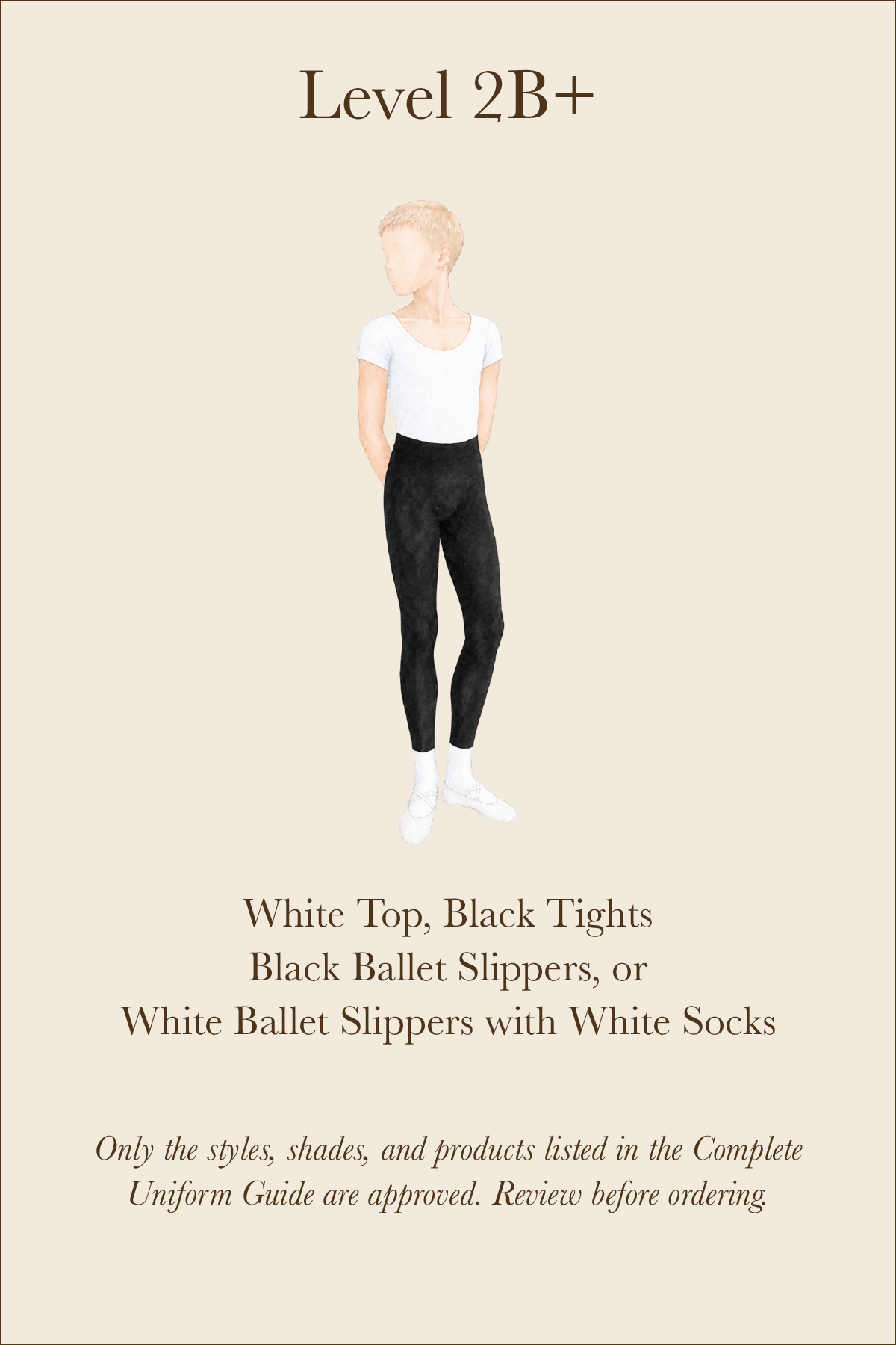 WPYB uniform card outlining the approved ballet attire for boys in Level 2B and above.