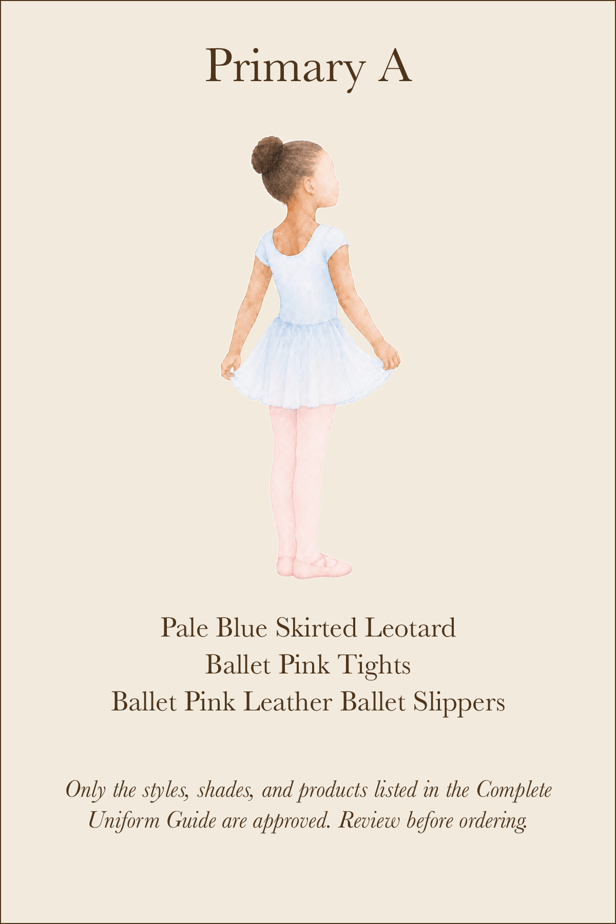 WPYB uniform card outlining the approved ballet attire for girls in Primary A.