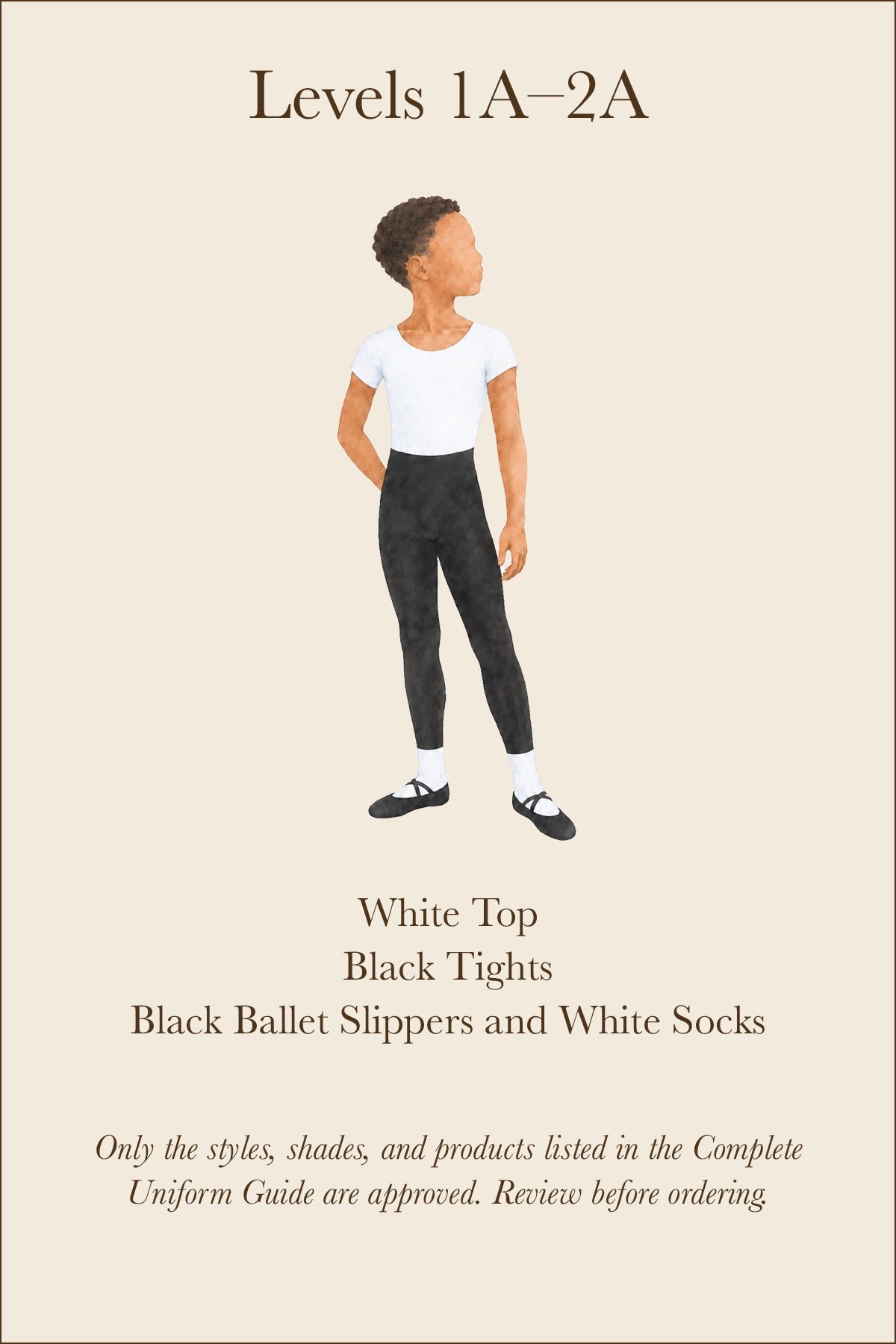 WPYB uniform card outlining the approved ballet attire for boys in Levels 1A through 2A.