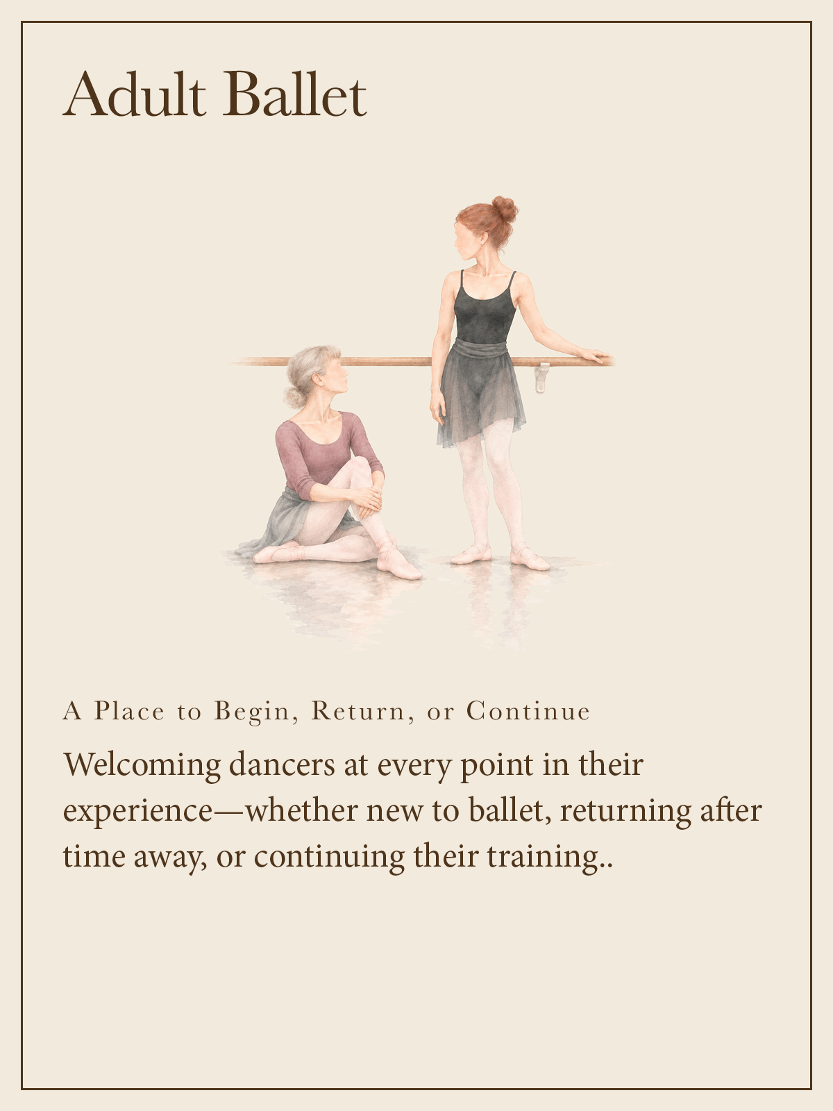 WPYB Adult Ballet: a place to begin, return, or continue, illustrated with adult dancers at a wooden ballet barre.
