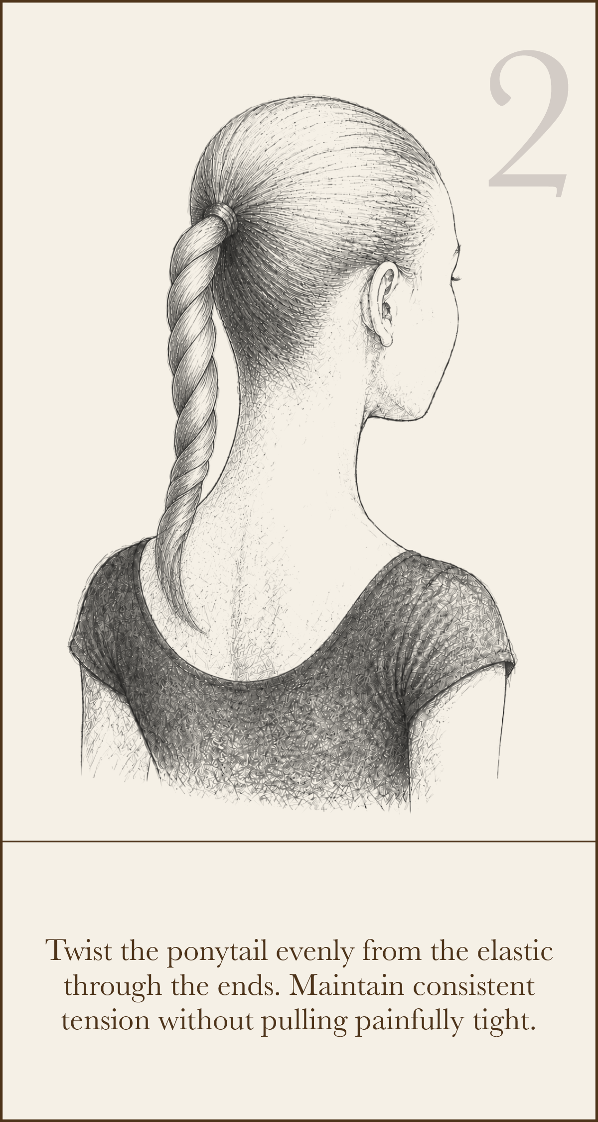 Classical ballet bun guide, step two: twist the ponytail evenly from the elastic through the ends while maintaining consistent tension.