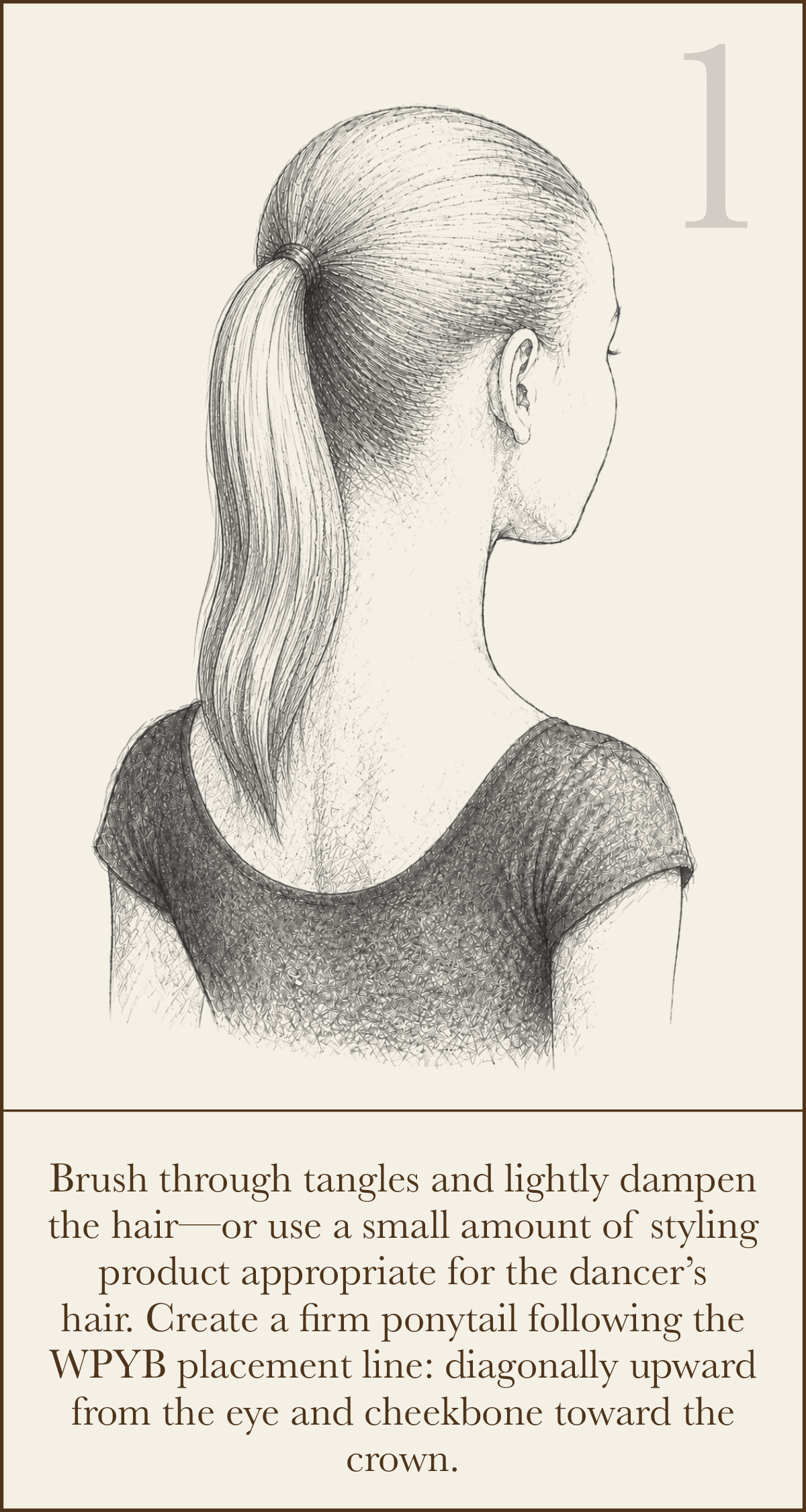 Classical ballet bun guide, step one: brush the hair smooth and secure it in a firm ponytail at WPYB’s placement line.