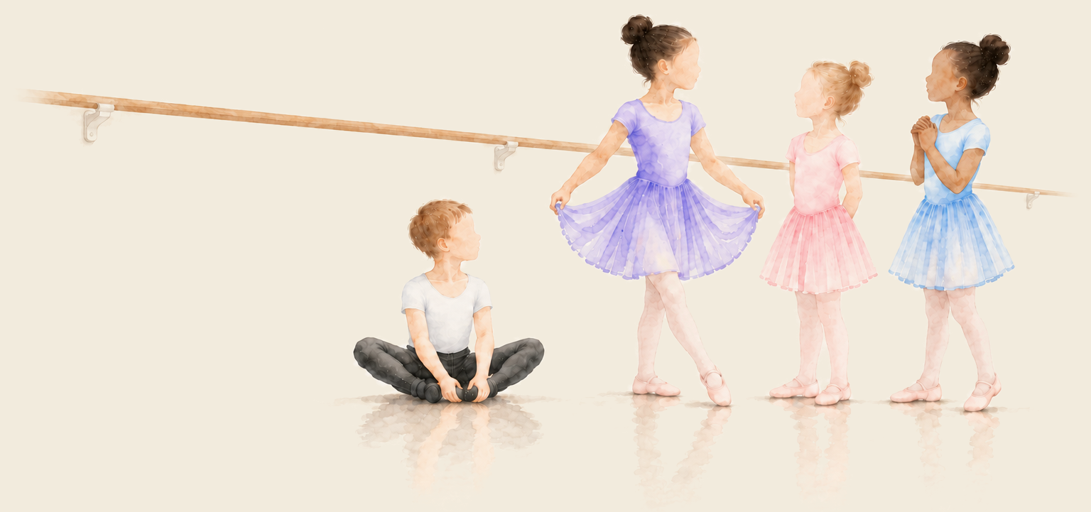 Watercolor illustration of four young children practicing ballet at the barre in WPYB’s Primary Division.