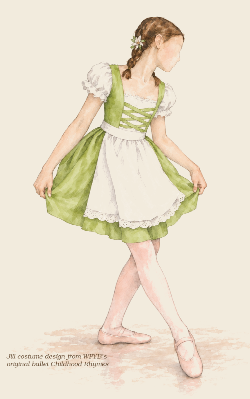 Costume design of Jill from WPYB’s original ballet Childhood Rhymes, wearing a green dirndl, white puff-sleeved blouse, and apron.