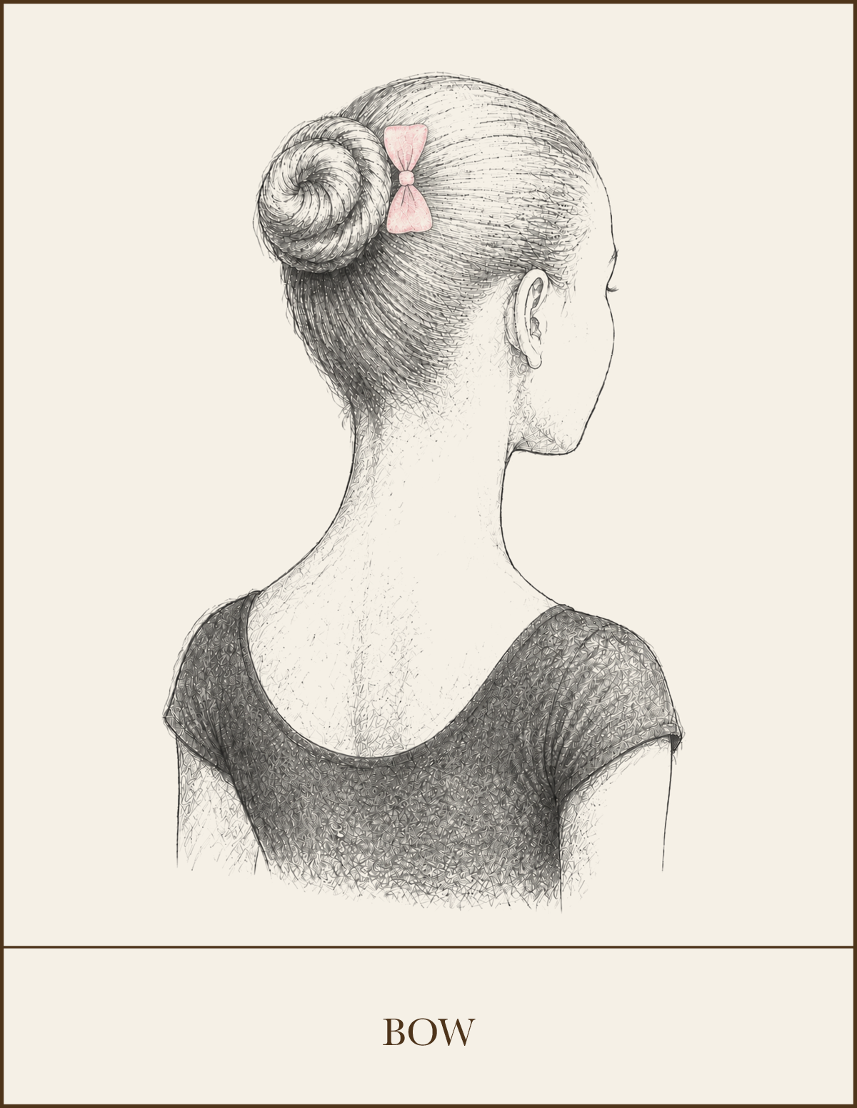 Pencil illustration of a classical ballet bun decorated with a small pink bow, an approved WPYB hair accessory.