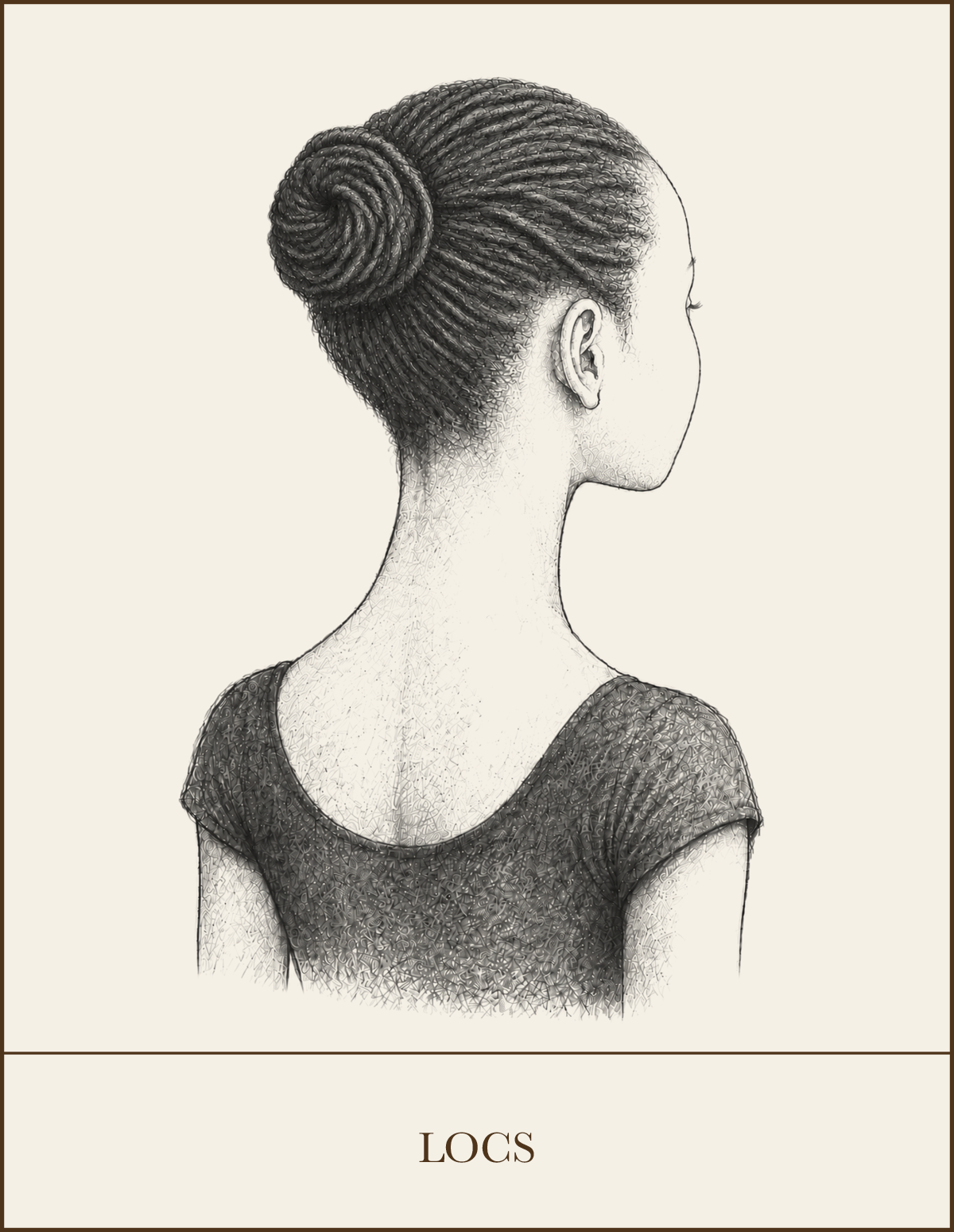 Pencil illustration of locs gathered into a secure bun as an approved textured-hair option for WPYB ballet classes.