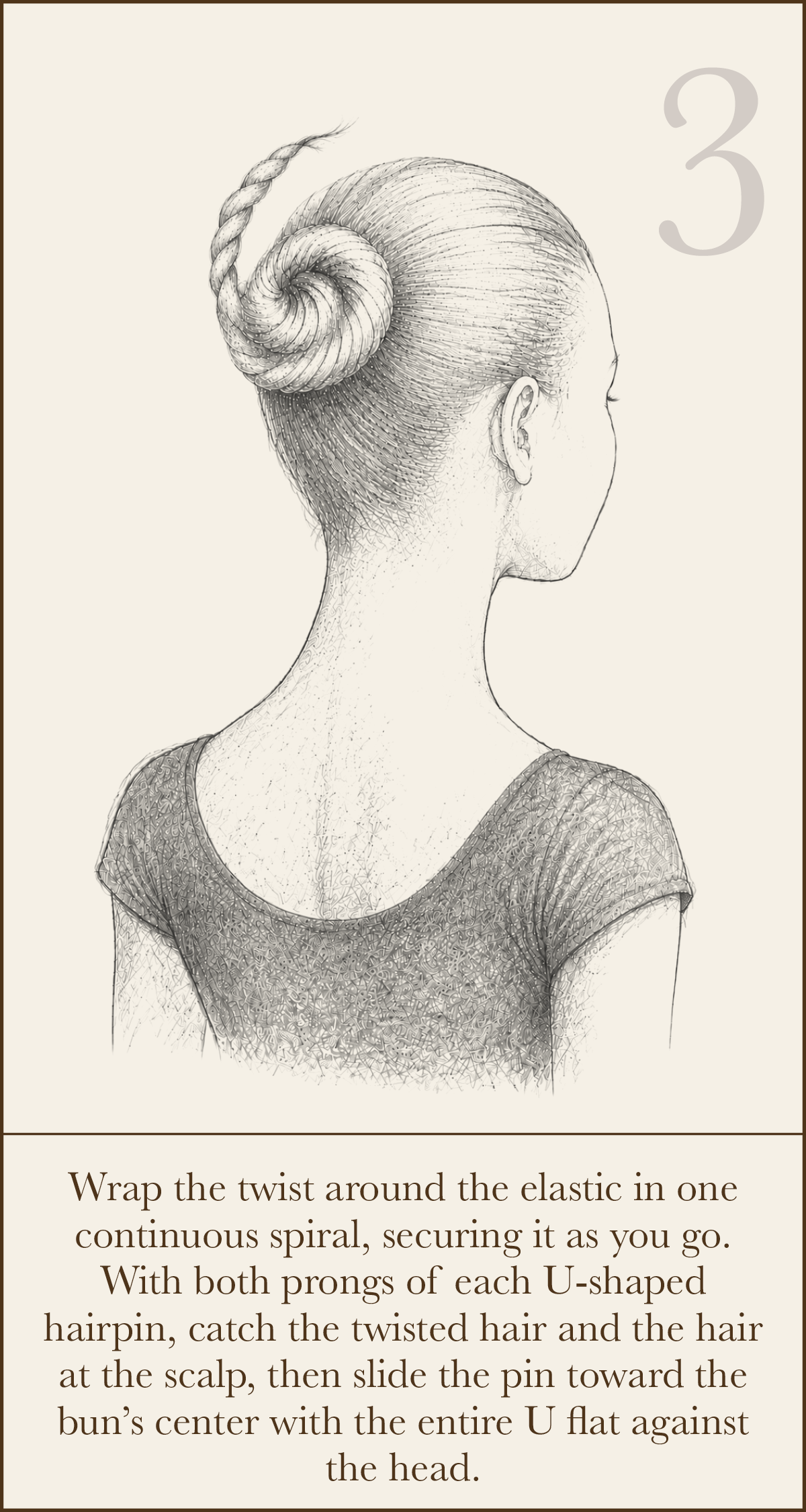 Classical ballet bun guide, step three: wrap the twisted ponytail around the elastic in a continuous spiral and secure it with U-shaped hairpins.