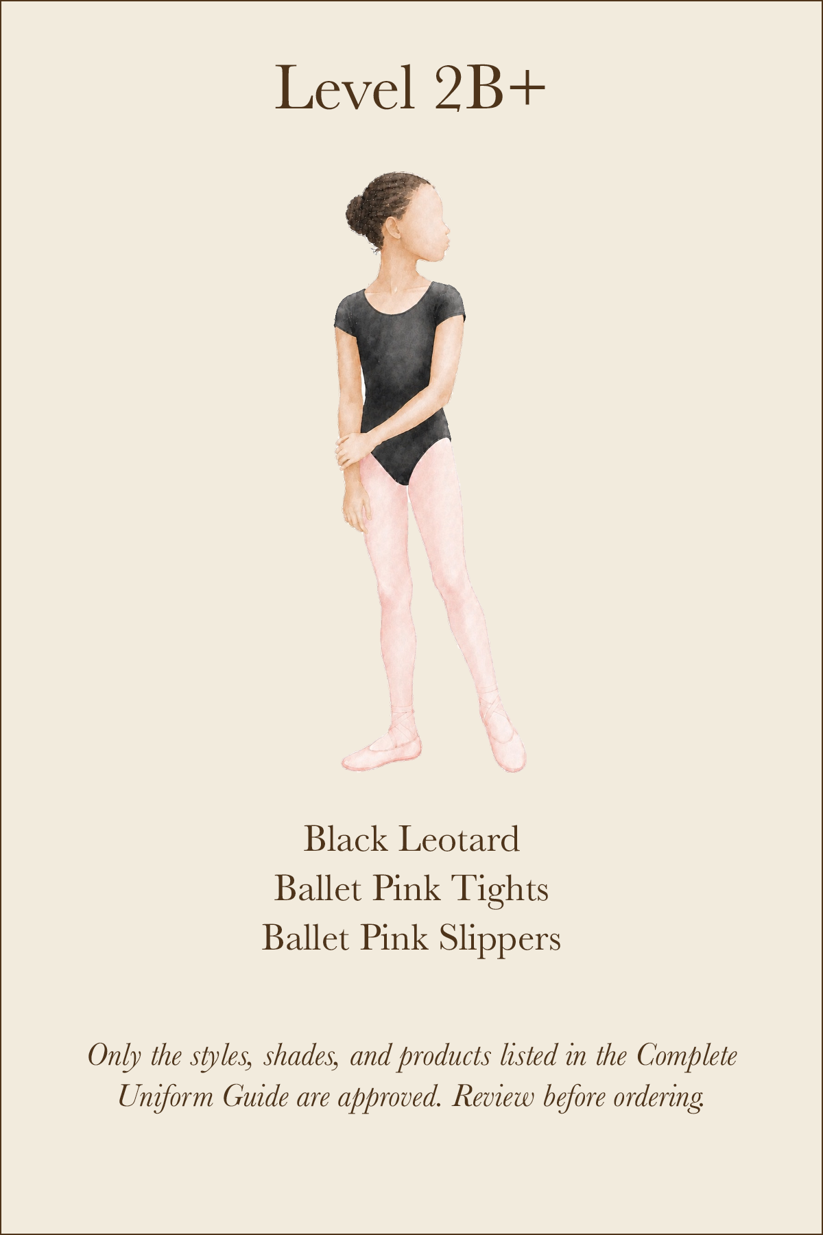 WPYB uniform card outlining the approved ballet attire for girls in Level 2B and above.