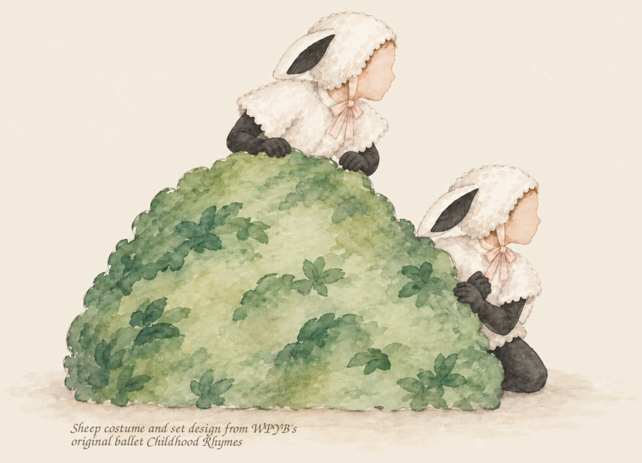 Watercolor costume and set design showing two sheep peeking from behind a leafy bush in WPYB’s original ballet, Childhood Rhymes.