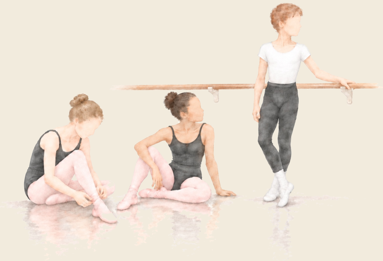 Watercolor illustration of three WPYB Level Division ballet students preparing for class, with two dancers seated and one standing at the barre.