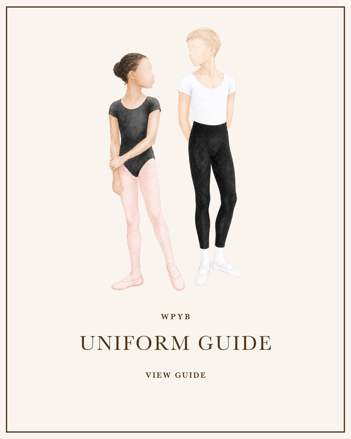 WPYB Approved Uniform Guide outlining required ballet attire by division and level; links to the downloadable uniform guidelines.