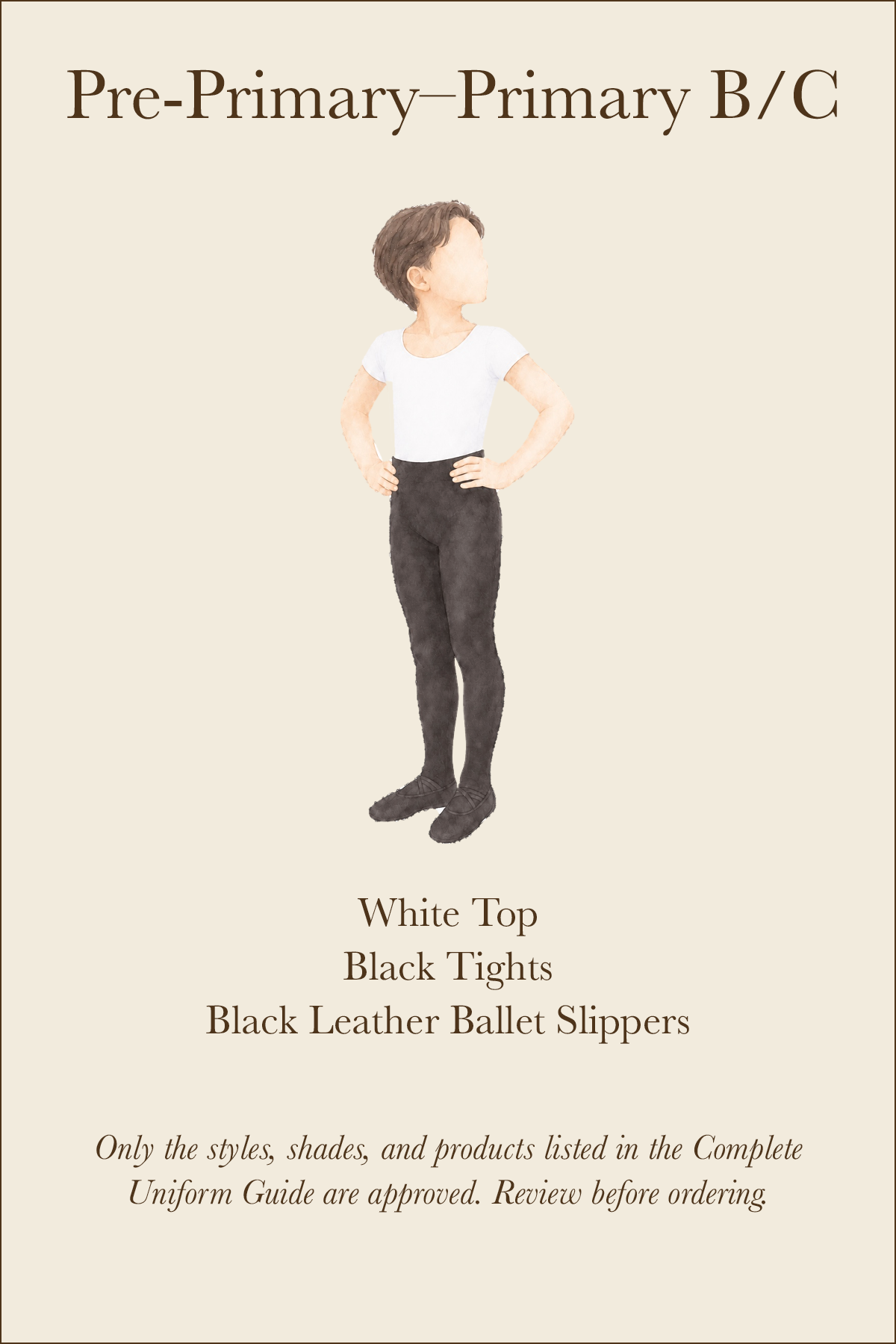 WPYB uniform card outlining the approved ballet attire for boys from Pre-Primary through Primary B/C.