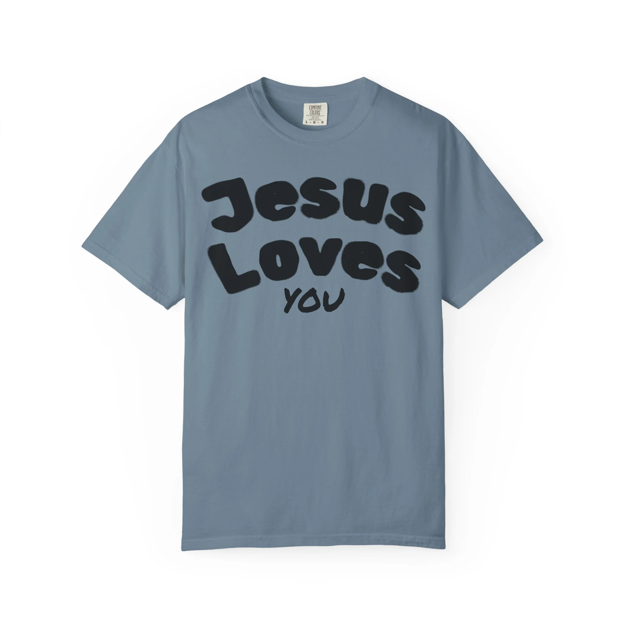 Light blue T-shirt with bold black text that reads "Jesus Loves You".