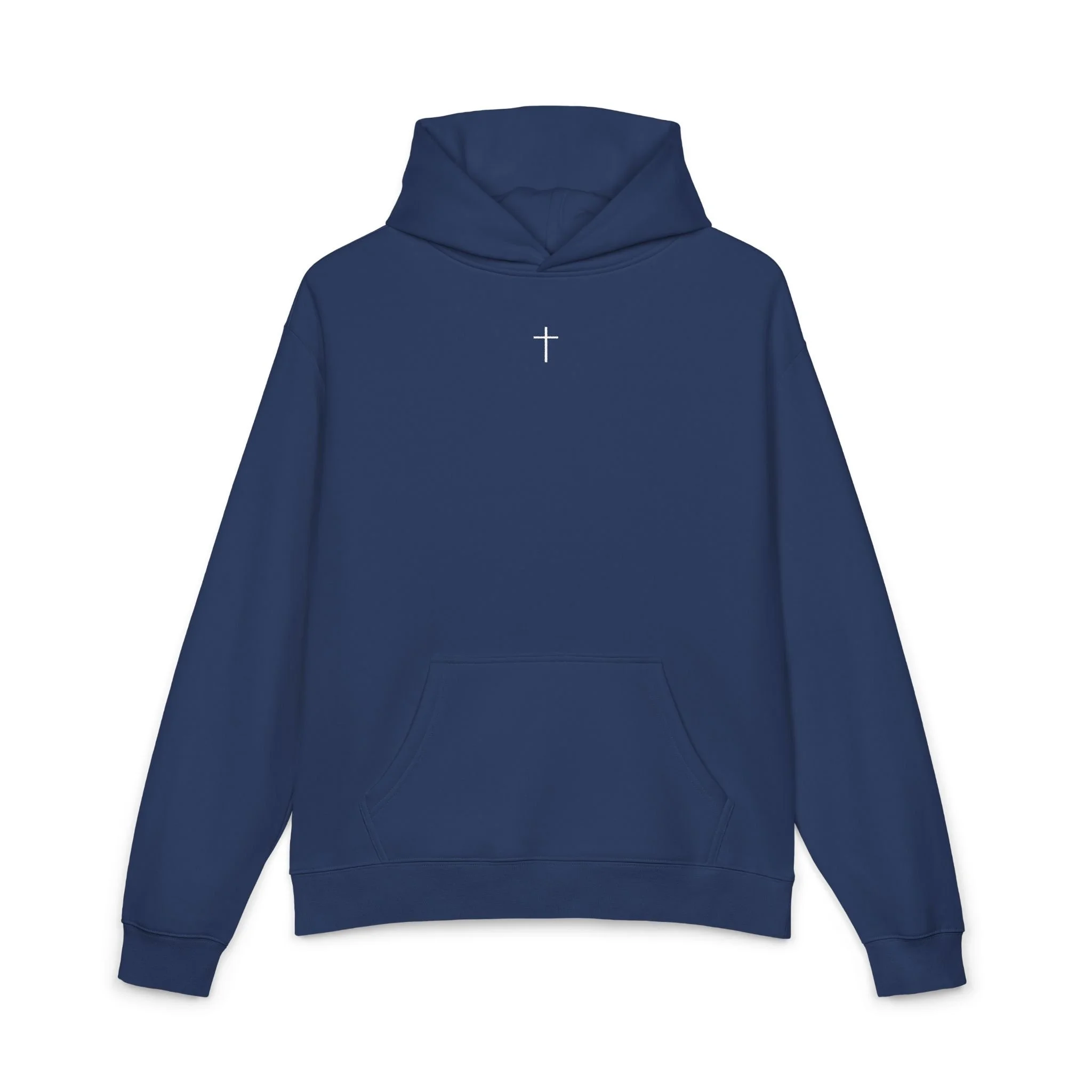 Navy blue hoodie with a small white cross logo on the chest, laid flat on a white background.