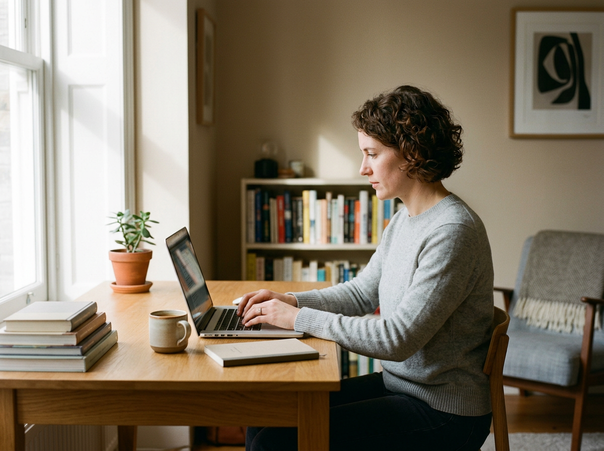 A woman with short curly brown hair wearing a gray sweater sitting at a wooden table using a laptop in a sunlit room with a bookshelf in the background.