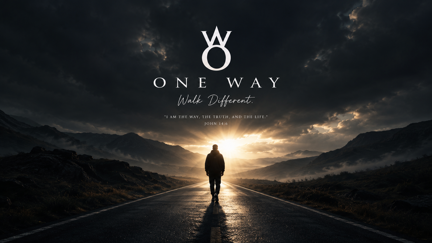 A person walking on an empty road in a mountainous landscape at sunset with dark clouds overhead, with text overlay reading 'ONE WAY Walk Different' and a quote from John 14:6.