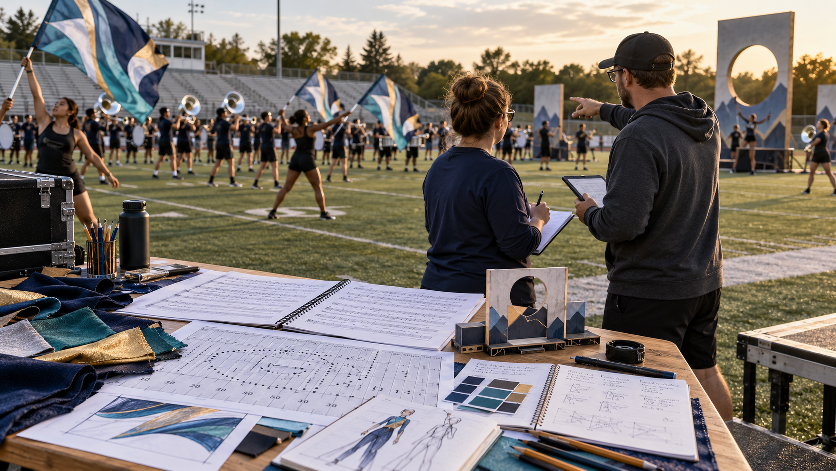 College marching band rehearsing on a football field at sunset, with two directors reviewing notes and music sheets on a table in the foreground.