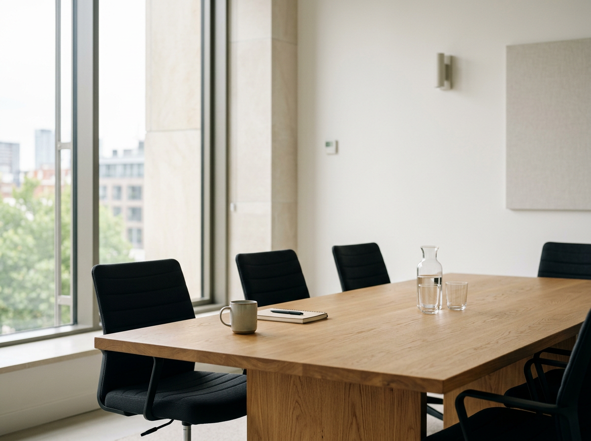 Empty conference room with a wooden table, black chairs, a notebook, pen, mug, glass pitcher of water, and glass on the table, with large windows showing cityscape outside.