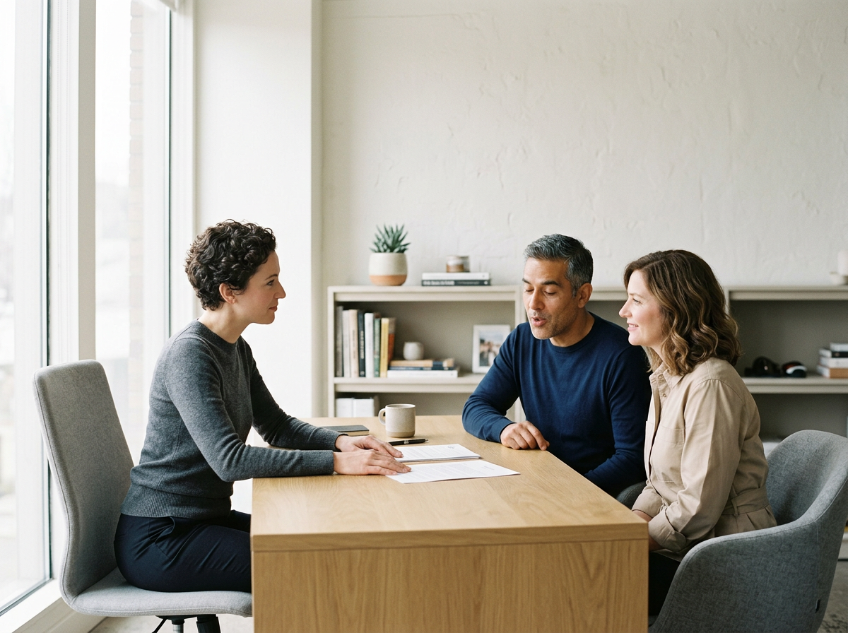 A woman in a gray sweater and black pants is sitting at a wooden table with two other people, a man and a woman. They are having a discussion in a bright room with large windows and a bookshelf in the background.