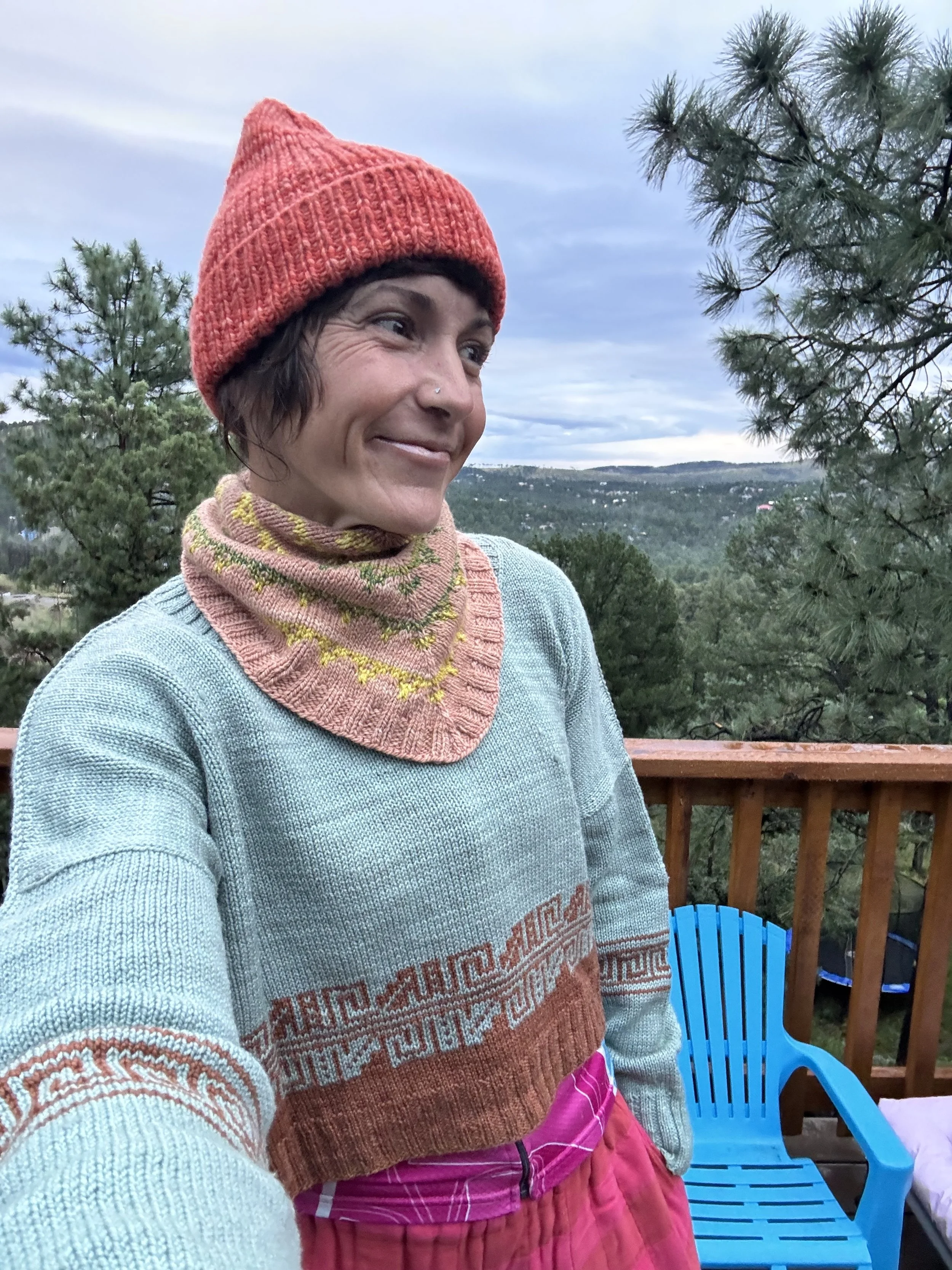 Manhattan Hat, Road Trip Kerchief, & Meander Sweater, Dance Pants