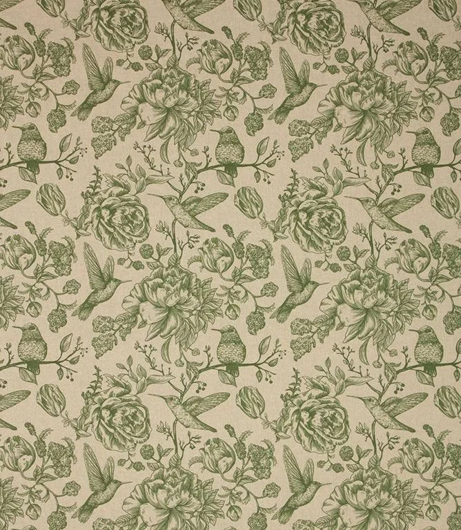 Green floral and hummingbird pattern on beige background.