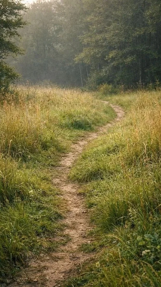 A narrow dirt trail winds through a grassy field surrounded by trees, with sunlight filtering through.