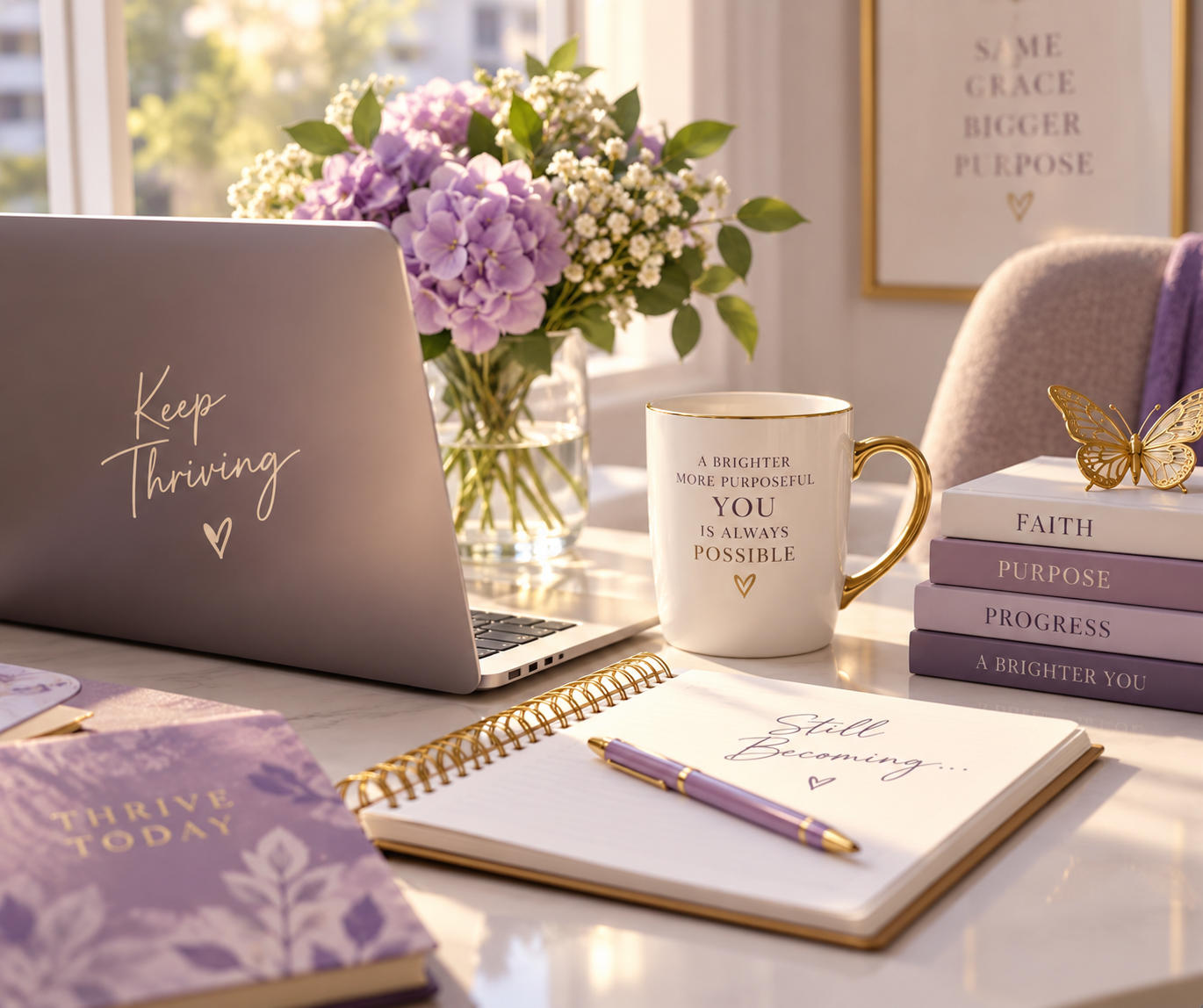 A workspace with a laptop that says "Keep Thriving," a notebook with "Still Becoming" written on it, a purple pen, a stack of purple and white books with words like "Faith," "Purpose," and "Progress," a white mug with gold lettering that says "A brighter more purposeful you is always possible," a vase with purple hydrangeas, and a gold butterfly decor on the books. Sunlight streams through a window.