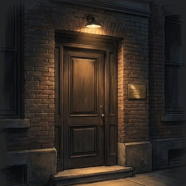 A quiet wooden door in a brick wall under a single lamp