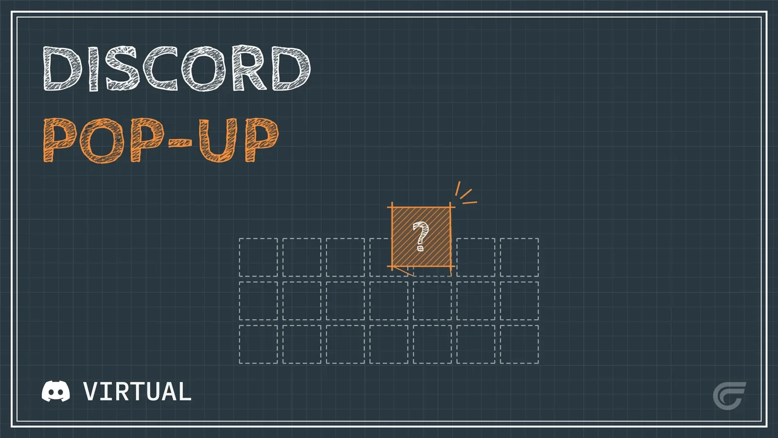 A digital grid with the word 'DISCORD' and 'POP-UP' written on it. There is a highlighted orange square with a question mark inside, indicating a puzzle or game.